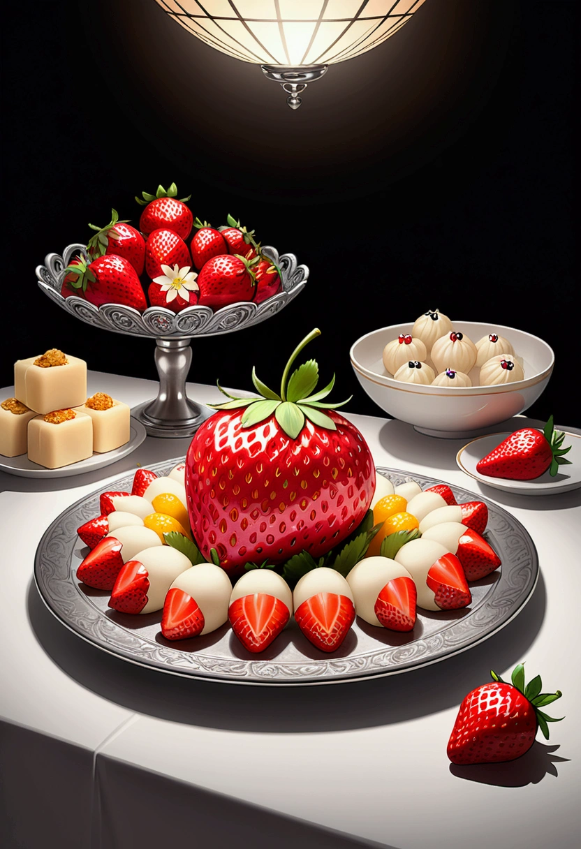 (A Strawberry), At the summer feast, a strawberry was placed in a beautiful silver plate, surrounded by various fruits and Dim sum. The lights were dim, with only a few spotlights shining on this strawberry, making it the focal point. The red color of strawberries is particularly tempting in such an environment, while the surrounding decorations add a touch of luxury, captivating chiaroscuro, dynamic movement, full body, (special effects:0.1), award-winning, cinematic still, emotional, vignette, dynamic, vivid, (masterpiece, best quality, photorealistic, Professional, perfect composition, very aesthetic, absurdres, ultra-detailed, intricate details:1.3)