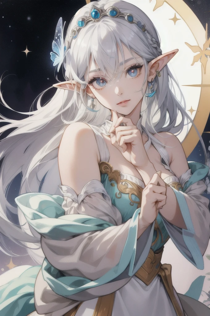 (Absurd, High resolution, Super detailed), (One girl:1.3), Gray Hair, Long Hair, High resolution, High detail, Textured skin, Shiny Hair, Hime cut, Earrings, Droopy eyes, Colorful eyes, Eyes are diamonds, Big glitter eyes, Long eyelashes, Character portrait, Lots of white space, Character design drawings, Simple Background, Headpiece, butterfly hair accessories, Anime Style, Rococo, Elf、Arabian dancer white costume、