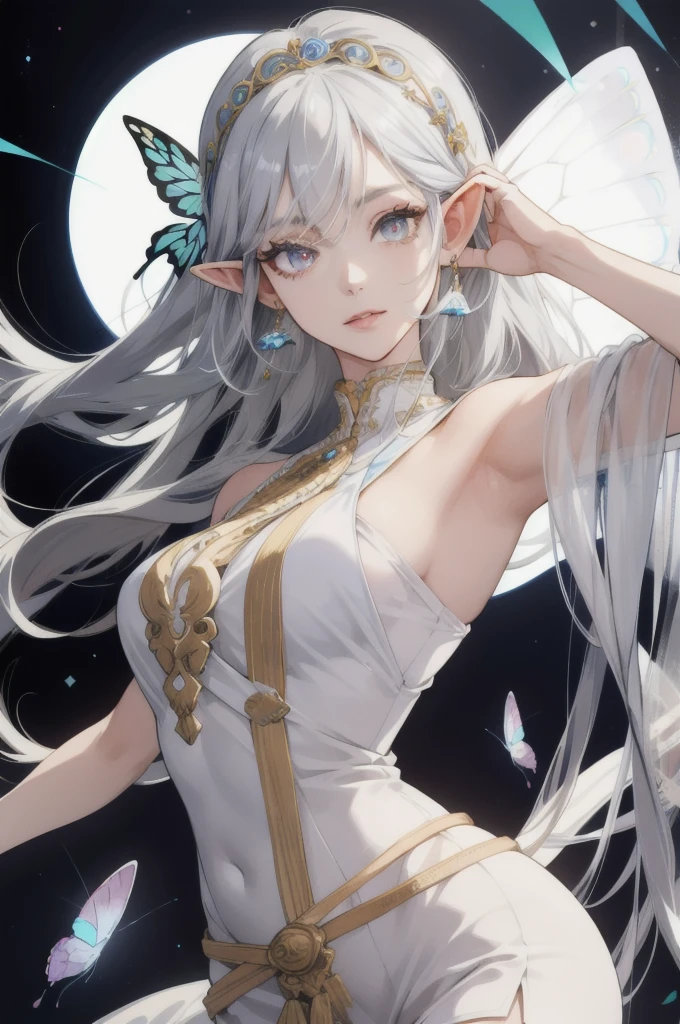 (Absurd, High resolution, Super detailed), (One girl:1.3), Gray Hair, Long Hair, High resolution, High detail, Textured skin, Shiny Hair, Hime cut, Earrings, Droopy eyes, Colorful eyes, Eyes are diamonds, Big glitter eyes, Long eyelashes, Character portrait, Lots of white space, Character design drawings, Simple Background, Headpiece, butterfly hair accessories, Anime Style, Rococo, Elf、Arabian dancer white costume、
