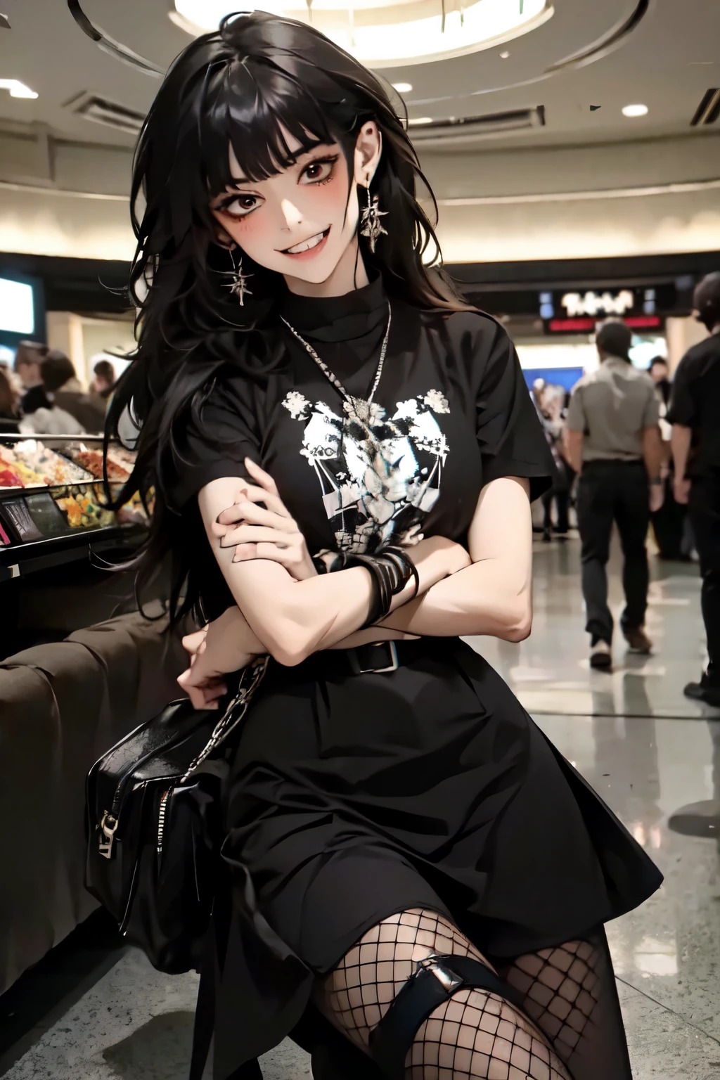 (masterpiece, best quality:1.2), 1girl, solo , emel , fishnet legwear , pantyhose , chain , hair bangs , midriff , black hair , red eyes , , O-ring , thigh strap , leg belt , mall , indoors , crowded place , movie cinema , bioskop , asymmetrical dress , smirk , grin , , teeth , smile , long hair , techwear outfit , jewellery , large breast , evil grin , open mouth , tongue out , licking , short sleeves , couple , affair , event , 