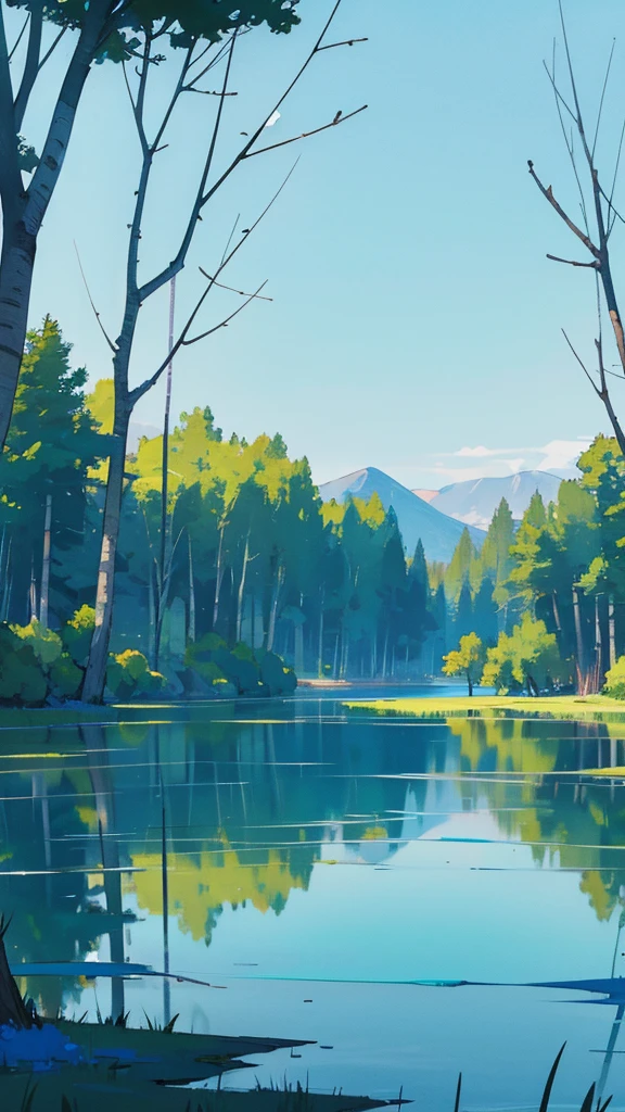 buzzer　Birch trees grow around the lake　Mysterious lake　The lake surface is turquoise blue　　Masterpiece　high quality　landscape　Fantasy
