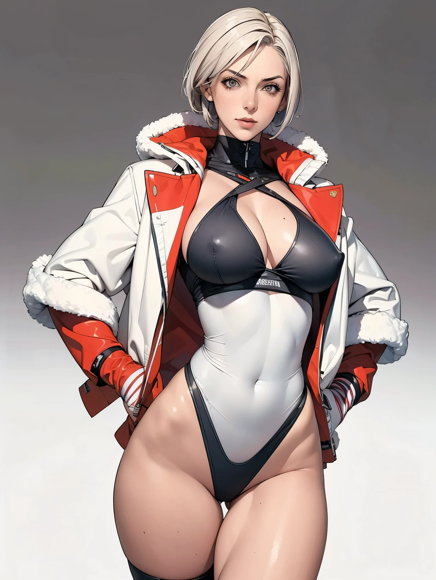 (((Annie Lennox))), (((colorful suit))), (scars), (((bandaged arms))), (((colorful clothes))) (( hood)), (((best quality: 1.4))), (Unbeatable masterpiece), (hyper HD),(CG 8k hyper-realistic), beautiful face, ((( big))), (((hyper feminine))), sexly g, black tattoo,(ultra short red hair with white highlights)), ((( sculptural body ))), (((1 Kizi))), Kizi tatuada de 25 anos com pect body,,Beautiful and well-groomed face,muscular body:1.2,solid color detailed jacket, (Head to thigh photos), Complex equipment, ,Tight clothes,With white stars and off-white stripes,,,,,Armor Metal Electronic Parts, Poison tattoos ) INFO, Kizi, (((standing alone))), , 24歳, sexy, pose detitude, work of art, dancing, ((slight smile)), post-apocalypse, (((manga style))), bounty hunter, the way you want, perfect body, roupa moderna, advanced technology, white, yellow accent, black, red accent, fur collar jacket, sleeves with vertical striped pattern, background city, (( cowboy shot )). intricate visual, narrow waist, (((wide hips))), wide hips, fit thighs, (((thigh gap))), Thigh gap, background shows a futuristic airplane, open expression, expression happy