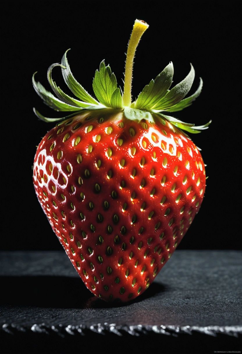 (A Strawberry), As night falls, a strawberry is placed against a black background, surrounded only by a few dim candlelight. The surface of the strawberry reflects a faint light, as if it were the brightest star in the night sky. This painting creates a mysterious and peaceful atmosphere through strong contrast of light and dark, allowing people to feel the beauty of tranquility at night, captivating chiaroscuro, dynamic movement, full body, (special effects:0.1), award-winning, cinematic still, emotional, vignette, dynamic, vivid, (masterpiece, best quality, photorealistic, Professional, perfect composition, very aesthetic, absurdres, ultra-detailed, intricate details:1.3)