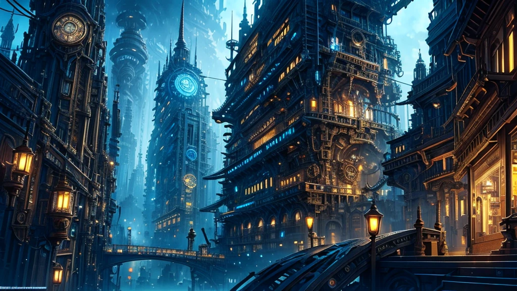 gears are attached to the sides of a building in a futuristic city, concept art by Mike "Beeple" Winkelmann, cgsociety contest winner, retrofuturism, ancient steampunk city, golden steampunk city atmosphere, in steampunk cityscape, steampunk city, a steampunk city, victorian steampunk mega city, steampunk city background, in a steampunk distopian city, digital steampunk art