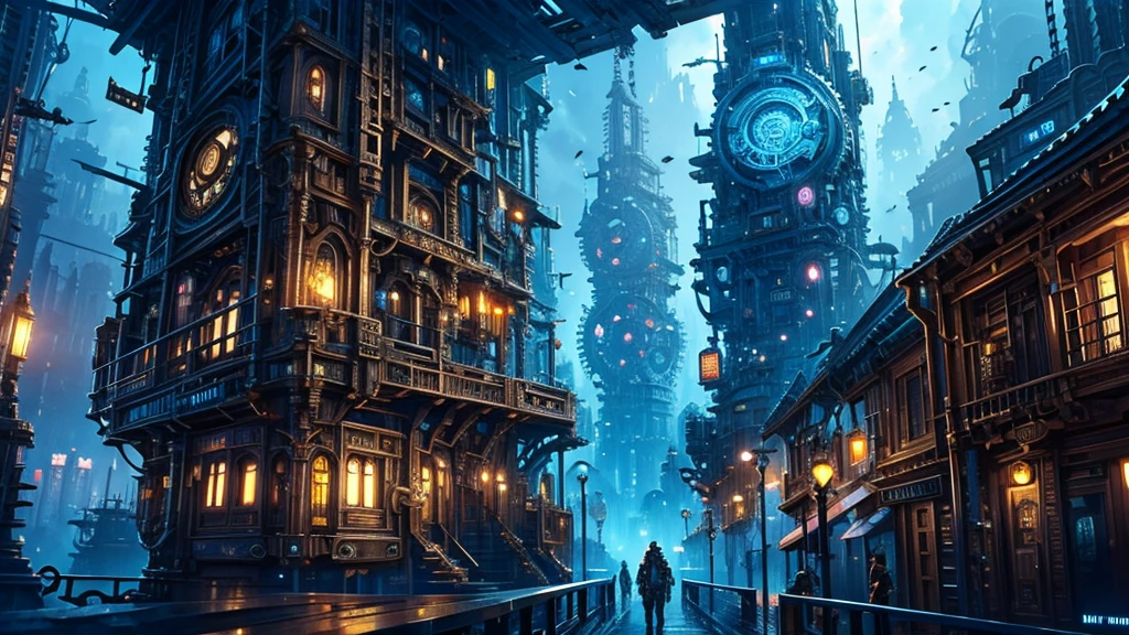 gears are attached to the sides of a building in a futuristic city, concept art by Mike "Beeple" Winkelmann, cgsociety contest winner, retrofuturism, ancient steampunk city, golden steampunk city atmosphere, in steampunk cityscape, steampunk city, a steampunk city, victorian steampunk mega city, steampunk city background, in a steampunk distopian city, digital steampunk art