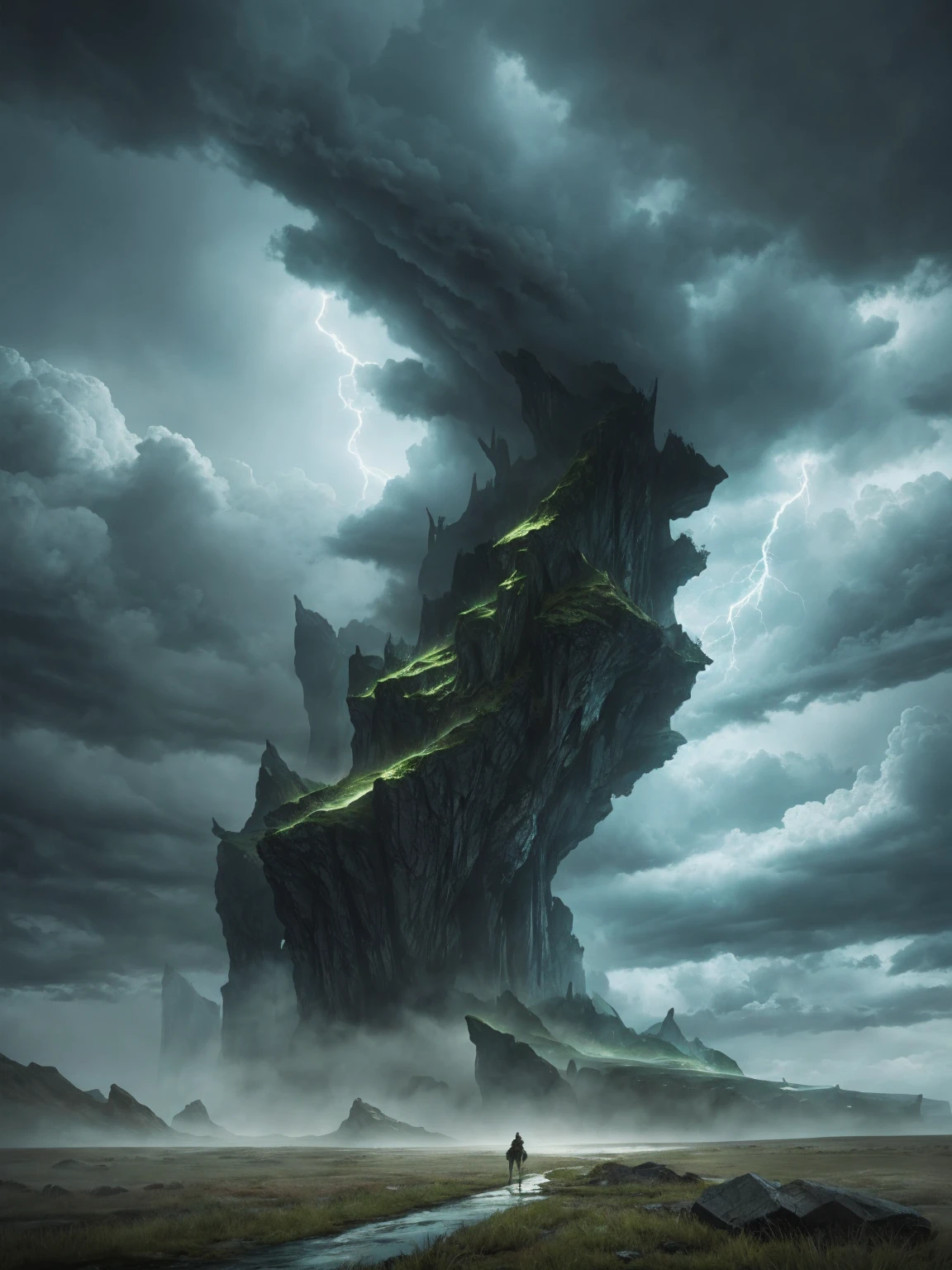 Epic fantasy illustration: Winds and storms, barren territory, supernatural, greenish sky