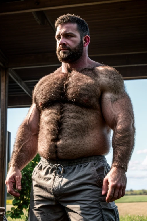 8K HIGH RESOLUTION HDR Very Extremely Realistic Very Detailed High Quality Create a professional studio-style 8K HDR Very Real photograph featuring a middle-aged daddy rugged bodybuilder muscle bears man , burly, very realy detailed hairy, 8K very realistic beared big daddy muscle bear,  and 8K very realistic detailed rugged burly man in shorts. Very Realistic detailed shorts, very realistic hair, very realistic beards, very realistic thick chubby fat neck, very realistic neck lines, very realistic detailed neck, very realistic belly, very realistic burly chest, very realistic detailed hairy burly strong chest and arms, very realistic detailed hairy burly strong chest and arms, very realistic pecs, very realistic burly muscle bear body, very realistic nipples, very realistic burly muscle bear body, very realistic face, very realistic detailed face, very realistic eyes, very realistic detailed eyes, very realistic pupils, very realistic detailed pupils, very realistic nose, very realistic ears, very realistic facial features, very realistic burly arms, very realistic elbows, very realistic hands, very realistic pecs, very realistic belly, very realistic human man body, very realistic bellybutton, very realistic wrists, very realistic fingers, very realistic fingernails, very realistic shoulders, very realistic mouth, very realistic lips, very realistic detailed skin, very realistic skin, very realistic mens clothing, very realistic detailed mens clothing. 8K HDR Very Realistic Hairy Bearded Burly Muscle bear Photoshoot, A very realistic burly muscle bear man in a Farm,  8K HDR Very Realistic Intricately Detailed, 8K HDR very realistic detailed Farm surroundings, 8K HDR very realistic surroundings lighting, No Deformities, captured with a 85mm lens by a world famous photographer, 8K HDR Very Ultra Realistic and 8K HDR Very Realistic Photograph, 8K HDR Clear HDR Quality full with very realistic real details 