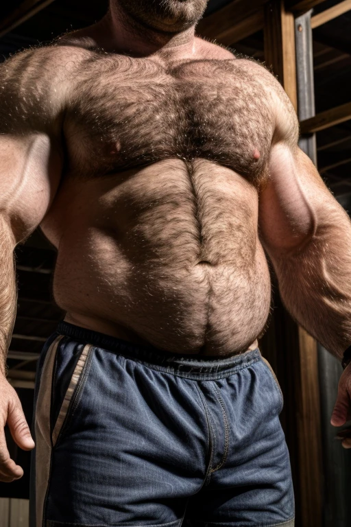 8K HIGH RESOLUTION HDR Very Extremely Realistic Very Detailed High Quality Create a professional studio-style 8K HDR Very Real photograph featuring a middle-aged daddy rugged bodybuilder muscle bears man , burly, very realy detailed hairy, 8K very realistic beared big daddy muscle bear, and 8K very realistic detailed rugged burly man in shorts. Very Realistic detailed shorts, very realistic hair, very realistic beards, very realistic thick chubby fat neck, very realistic neck lines, very realistic detailed neck, very realistic belly, very realistic burly chest, very realistic detailed hairy burly strong chest and arms, very realistic detailed hairy burly strong chest and arms, very realistic pecs, very realistic burly muscle bear body, very realistic nipples, very realistic burly muscle bear body, very realistic face, very realistic detailed face, very realistic eyes, very realistic detailed eyes, very realistic pupils, very realistic detailed pupils, very realistic nose, very realistic ears, very realistic facial features, very realistic burly arms, very realistic elbows, very realistic hands, very realistic pecs, very realistic belly, very realistic human man body, very realistic bellybutton, very realistic wrists, very realistic fingers, very realistic fingernails, very realistic shoulders, very realistic mouth, very realistic lips, very realistic detailed skin, very realistic skin, very realistic mens clothing, very realistic detailed mens clothing. 8K HDR Very Realistic Hairy Bearded Burly Muscle bear Photoshoot, A very realistic burly muscle bear man in a Farm, 8K HDR Very Realistic Intricately Detailed, 8K HDR very realistic detailed Farm surroundings, 8K HDR very realistic surroundings lighting, No Deformities, captured with a 85mm lens by a world famous photographer, 8K HDR Very Ultra Realistic and 8K HDR Very Realistic Photograph, 8K HDR Clear HDR Quality full with very realistic real details