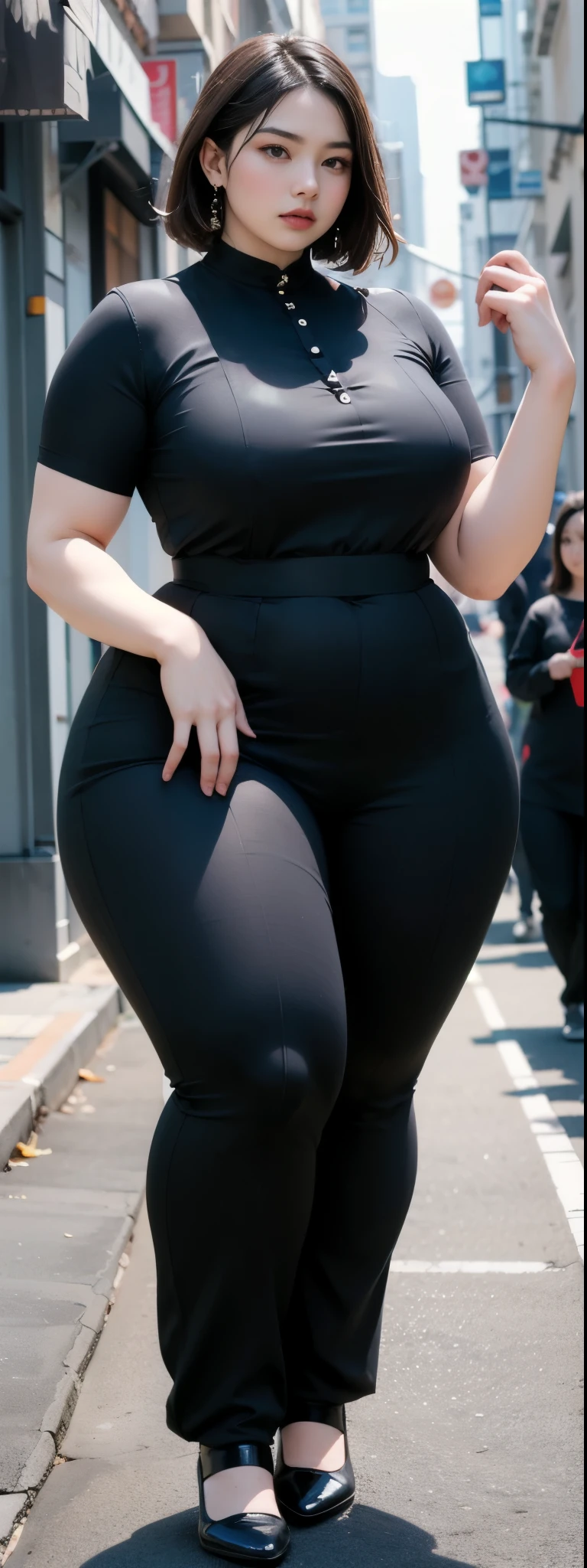 ((best quality)), ((masterpiece)), (detailed), malay woman, perfect face, araffe woman in a dark-black gamis walking down a street, thicc, she has a jiggly fat round belly, bbwchan, wearing tight simple clothes, skinny waist and thick hips, widest hips, her belly is fat and round, soft curvy shape, hyperrealistic full figure, wearing gamis , wide hips