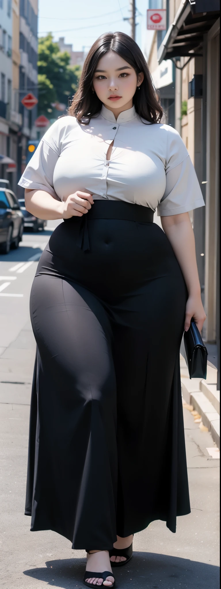 ((best quality)), ((masterpiece)), (detailed), malay woman, perfect face, araffe woman in a dark-black gamis walking down a street, thicc, she has a jiggly fat round belly, bbwchan, wearing tight simple clothes, skinny waist and thick hips, widest hips, her belly is fat and round, soft curvy shape, hyperrealistic full figure, wearing gamis , wide hips