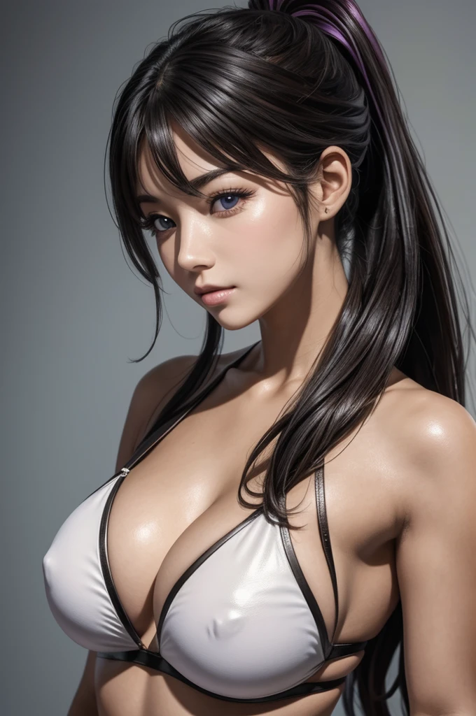 8k,Best Quality, masterpiece, ultra high resolution, (photorealistic:1.4), Photo and gross, (Genuine leather texture:1.3), (film grain:1.3),1 beautiful girl, Akeno Himejima, 24 year old woman with a height of 1,78 meters. He has black hair in a ponytail style.,a well developed figure, but at the same time slim, highlighting her big breasts and small waist.. white and delicate skin. Her eyes are light violet and deep., and her expression is charming and seductive. as a black bikini garment .Whole body