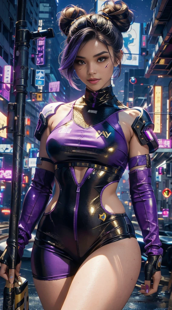 masterpiece, maximum quality, ultra high resolution, 8k, a girl,beauty,21years old,fair skin, extremely beautiful, ((Wheat colored skin)), alone, cyberpunk outfit, extremely detailed face, detailed eyes, mischievous smile, cheerful, realistic photo, totally realistic, human pelle, studio lighting,golden ratio body, wide hips,perfect legs, big ass, purple hair, double buns,D-cup breasts,in the cyberpunk city,cyberpunk city background,((night))