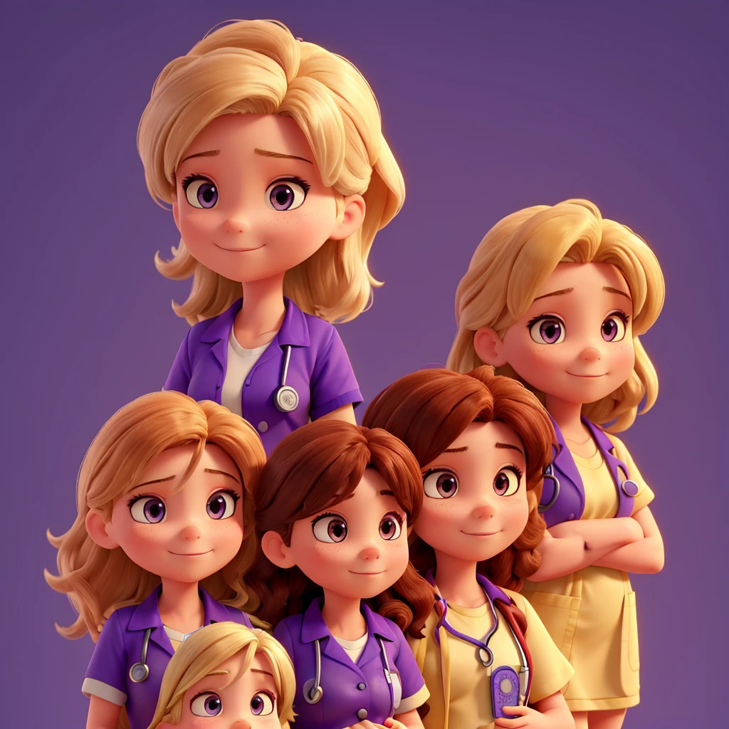 I want three women in a single photo, details of these women Nurse 1 (chestnut hair, purple backdrop): Is holding the baby correctly, but an identification badge is missing.
Nurse 2 (russet hair, yellow backdrop): Has a stethoscope, but is holding the baby insecurely.
Nurse 3 (hair blonde, blue background): He is wearing a different uniform than the other two and has no visible medical equipment..