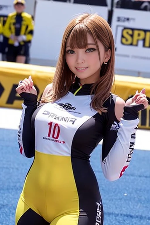 (Sprint uniform、Sprint Costume、sprint cosplay、Sprint Outfit、Sprint outfit、Sprint athlete)、A girl stands at the starting line of a sprint race、Medium breast、Bob Hair、masterpiece:1.3、Raw photo、Highest quality、Highest quality、Detailed image quality、Detailed Background、