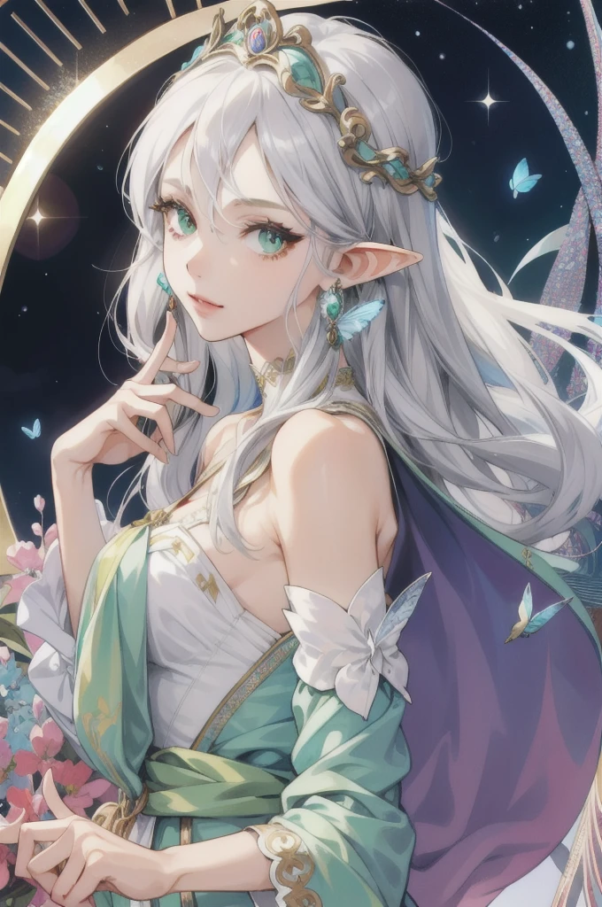 (Absurd, High resolution, Super detailed), (One girl:1.3), Gray Hair, Long Hair, High resolution, High detail, Textured skin, Shiny Hair, Hime cut, Earrings, Droopy eyes, Colorful eyes, Eyes are diamonds, Big glitter eyes, Long eyelashes, Character portrait, Lots of white space, Character design drawings, Simple Background, Headpiece, butterfly hair accessories, Anime Style, Rococo, Elf、Arabian dancer white costume、So that the whole body can enter、Green Eyes