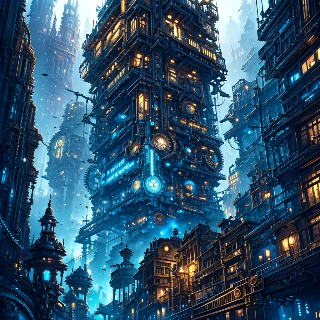 gears are attached to the sides of a building in a futuristic city, concept art by Mike "Beeple" Winkelmann, cgsociety contest winner, retrofuturism, ancient steampunk city, golden steampunk city atmosphere, in steampunk cityscape, steampunk city, a steampunk city, victorian steampunk mega city, steampunk city background, in a steampunk distopian city, digital steampunk art