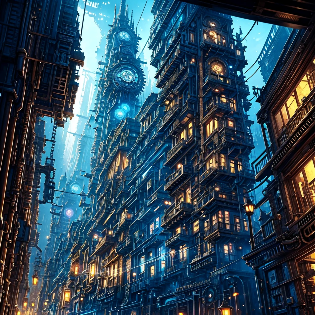 gears are attached to the sides of a building in a futuristic city, concept art by Mike "Beeple" Winkelmann, cgsociety contest winner, retrofuturism, ancient steampunk city, golden steampunk city atmosphere, in steampunk cityscape, steampunk city, a steampunk city, victorian steampunk mega city, steampunk city background, in a steampunk distopian city, digital steampunk art