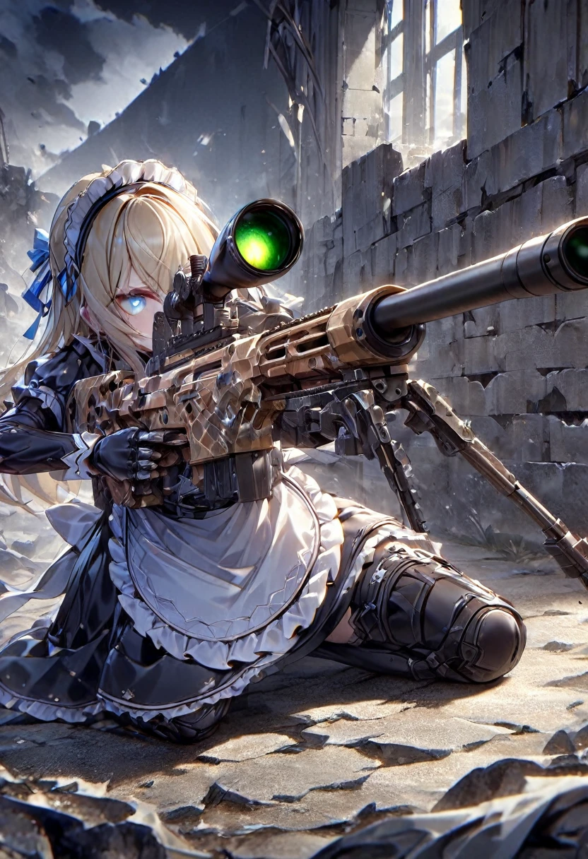 ((Highest quality:1.6)), ((Ultra-high resolution:1.6)), ((Masterpiece:1.6)), (Very detailed:1.6), (Perfect Face:1.6), (Detailed illustrations:1,4), (Perfect Eyes:1.6), (Detailed eyes:1.4)girl, cute, (Blonde, Small breasts, Black Dress, White apron, Blue ribbon, Apron dress, Classic maid outfit, Long:1.4), (Sniper from the top of the castle walls, sniper rifle:1,4), Castle Defense, (Looking through the scope, ready to shoot, Kneeling, whole body, Side angle:, Use a low wall:1.4), (Barret M82), Sniper Rifle,