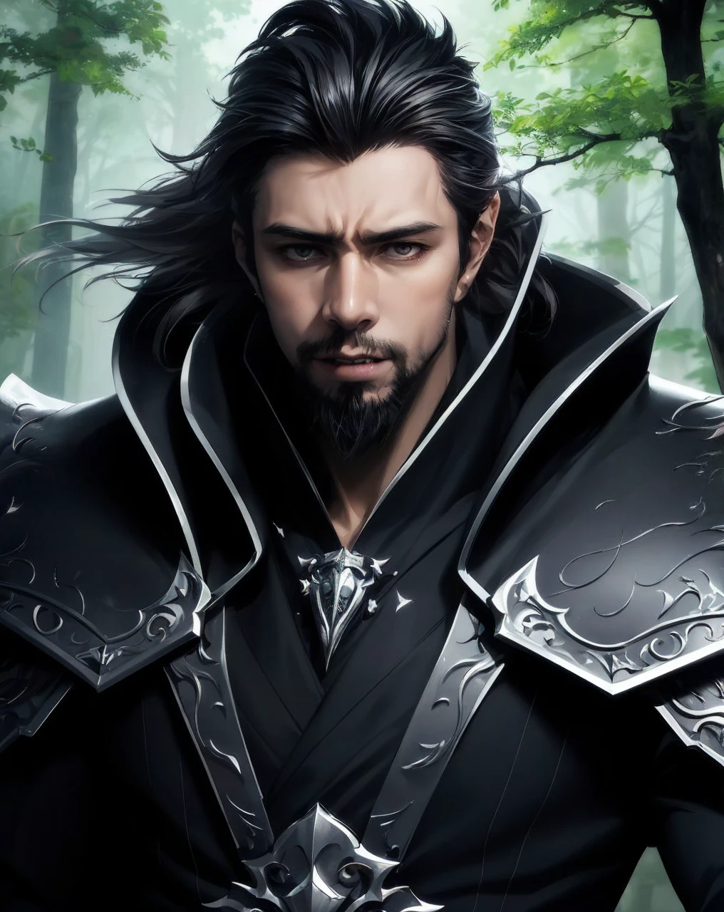 a high Quality Masterpiece 8k resolution,  japanese anime style, fantasy Magic action photoshoot of a sinistier and mature Manly warlock, forest wild warlock, modern style, Manly attractive goatee, faint beard on cheeks, vampire fangs, rude look, atlethic body, Black  hair white little some gray, 