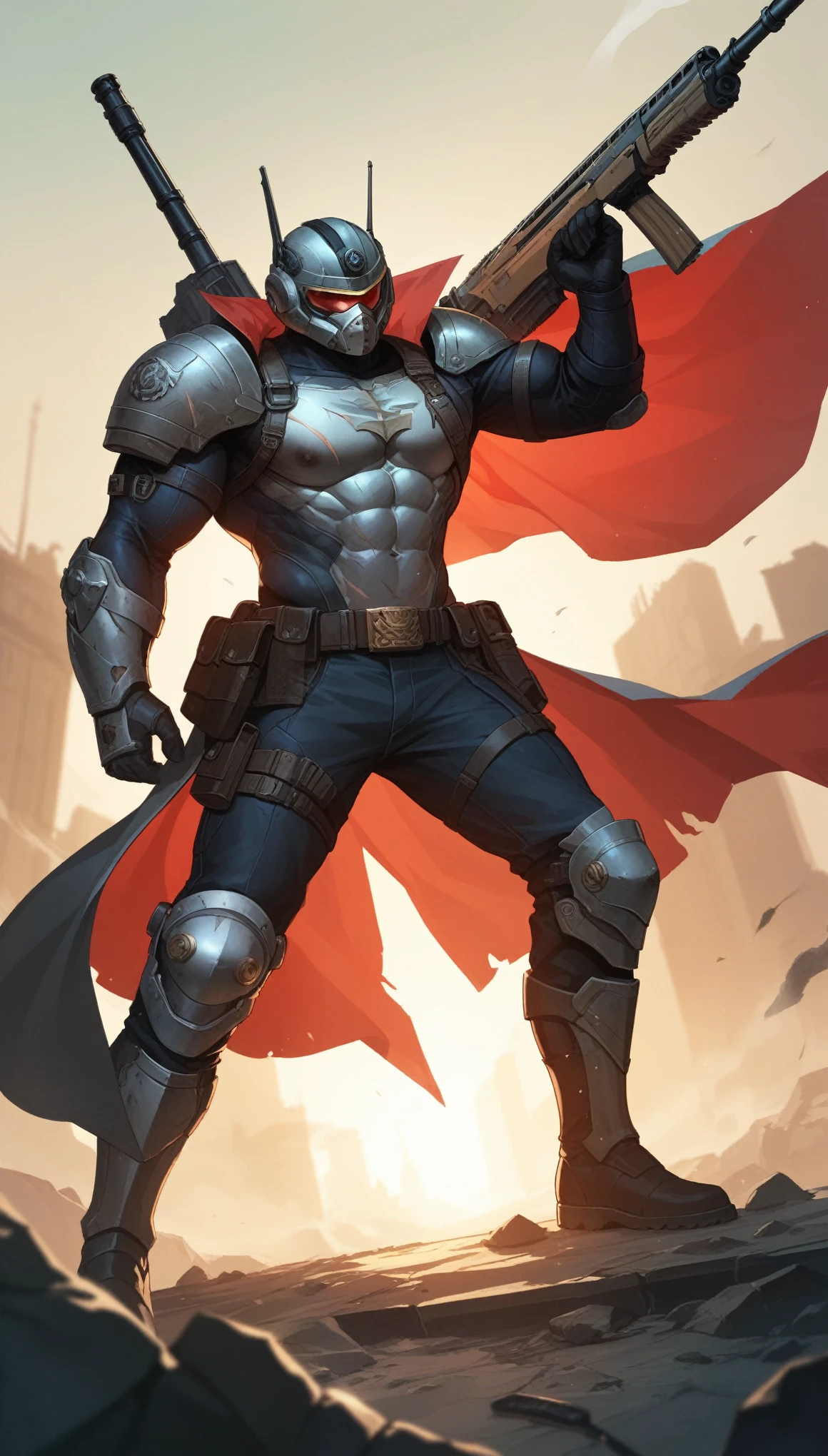 shooter commander from the distant future. He has a large build, powerful muscles, and is clad in high-tech armor covered with battle scars and futuristic symbols. His face should be visible, with a stern and determined expression, framed by short cropped hair and battle scars. In his hands, he holds an energy rifle with advanced sights and gadgets. It is surrounded by a post-apocalyptic landscape with ruined buildings and smoking ruins, creating the atmosphere of an epic battle. Behind him, a cape is developed, symbolizing his leadership and resilience. The technological helmet, removed and attached to the belt, adds a sense of readiness for any situation.