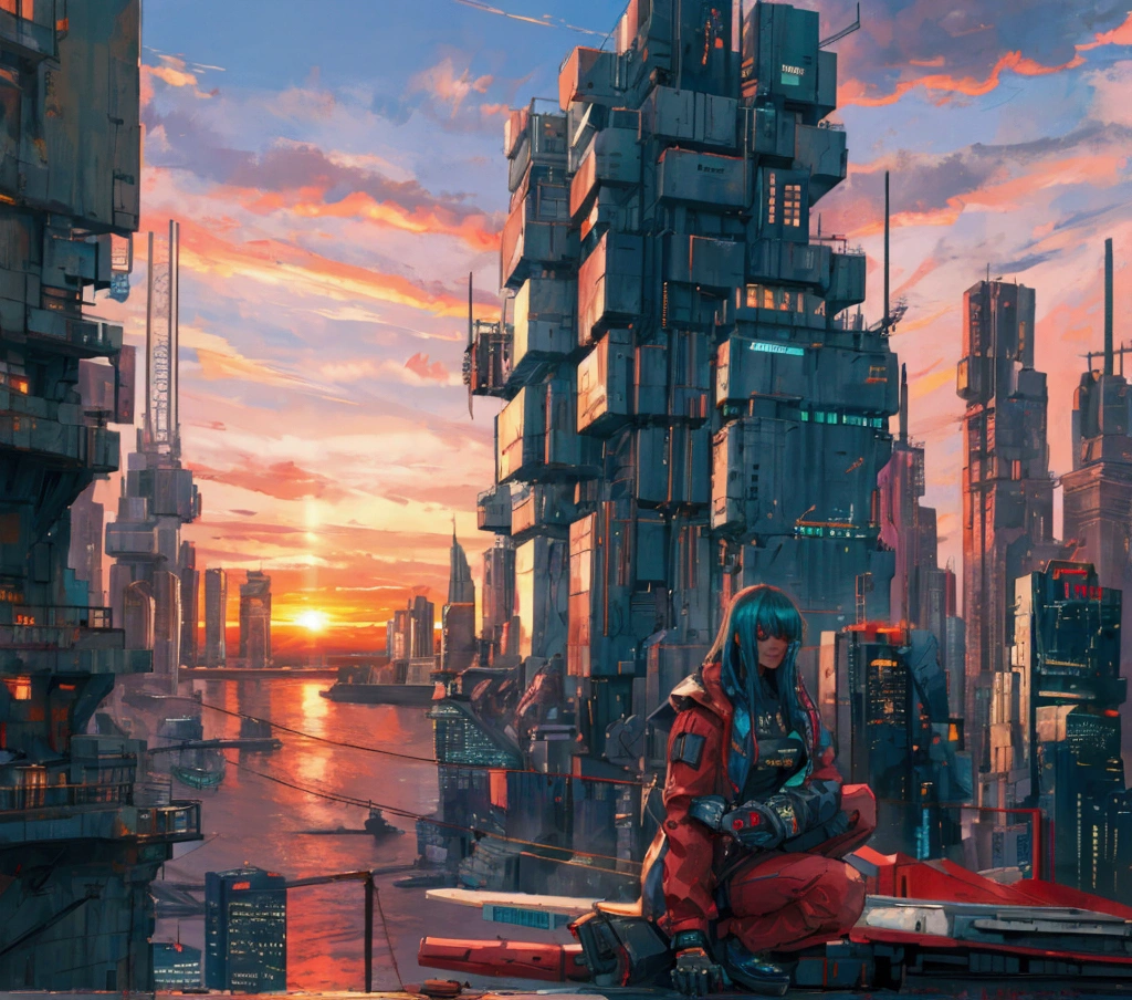 cyberpunk,city,landscape,sea,sky,sunset
