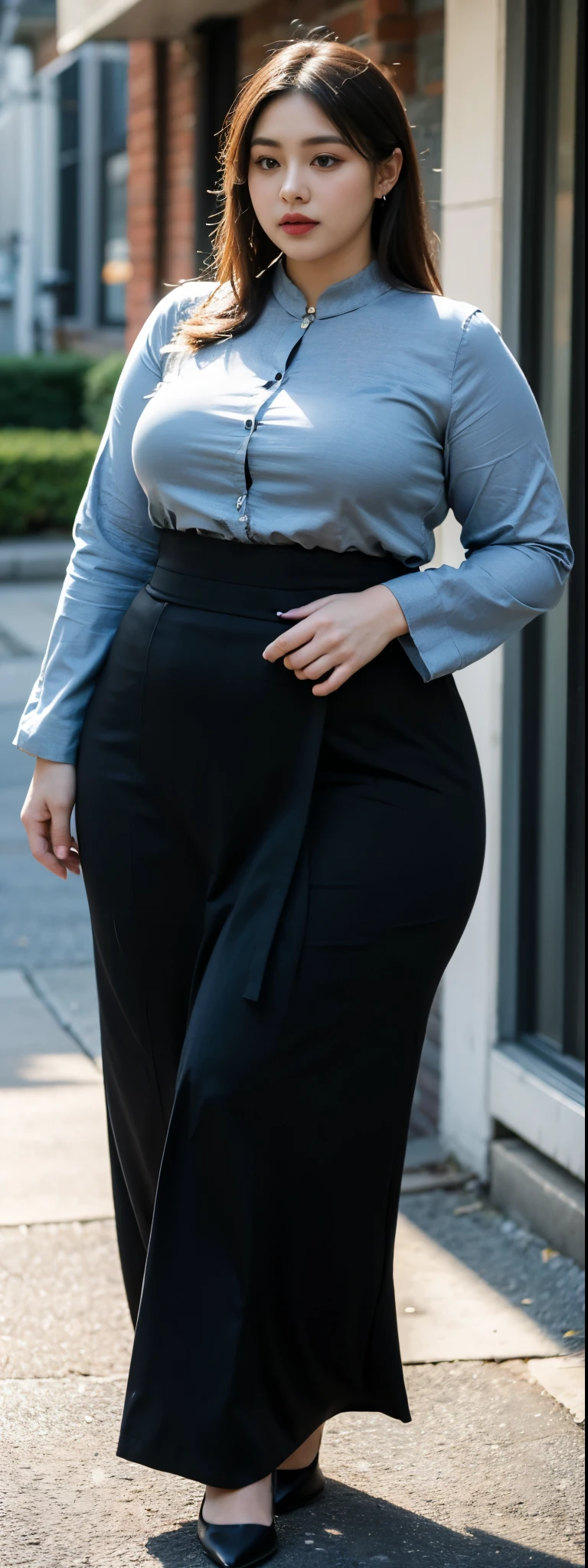 ((best quality)), ((masterpiece)), (detailed), malay woman, perfect face, araffe woman in a dark-black gamis walking down a street, thicc, she has a jiggly fat round belly, bbwchan, wearing tight simple clothes, skinny waist and thick hips, widest hips, her belly is fat and round, soft curvy shape, hyperrealistic full figure, wearing gamis , wide hips