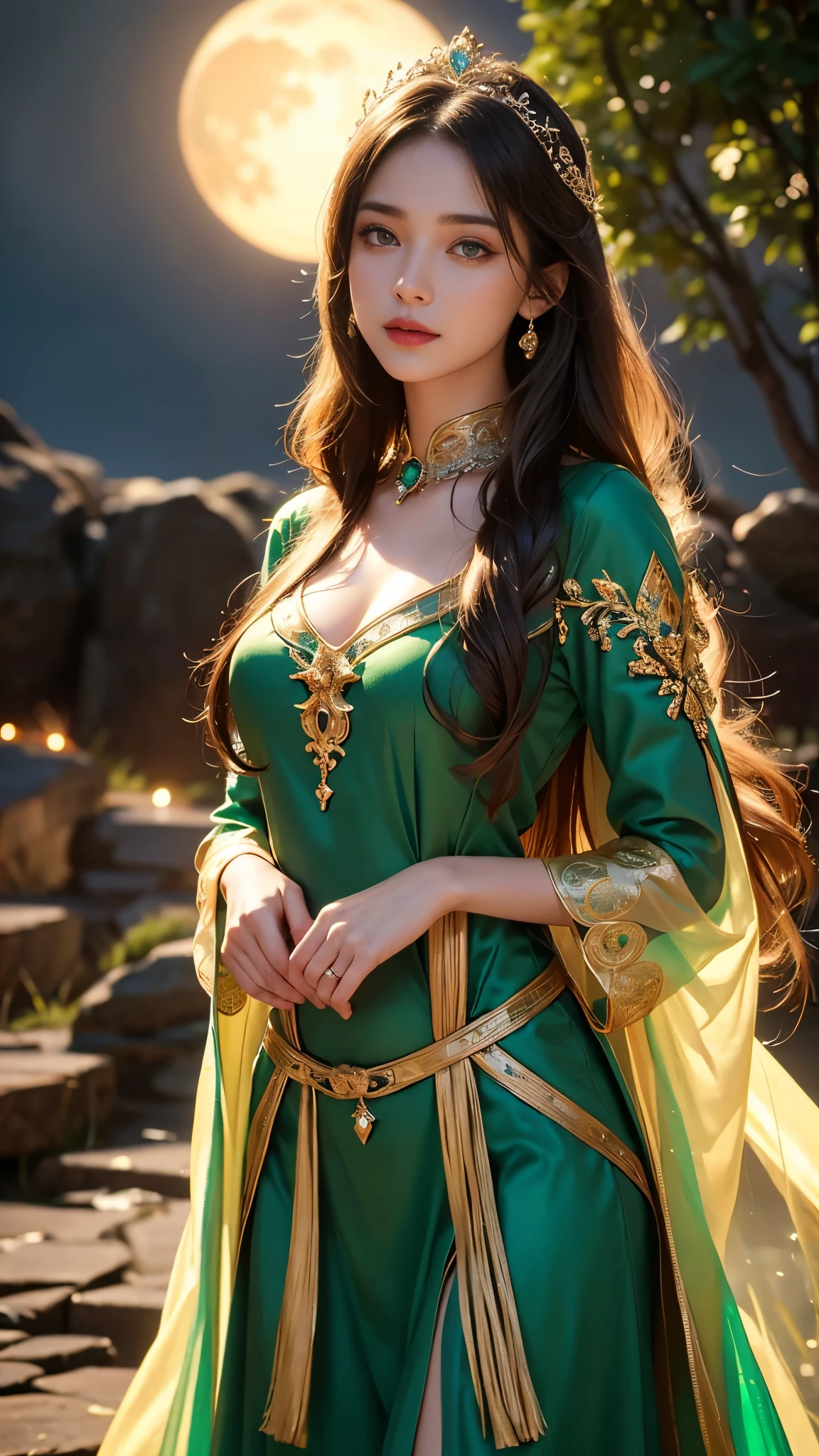 8K ultra hd, masterpiece,1 girl, ((realistic face)), detailed eyes, ((very long hair)), flowing hair, small breasts, royal dress, decorated dress, green dress, anitque jwellery, detailed lacing, flowing cape, bare navel, moon light, amazing night outdoor, spot lights, glowing lights, depth of field, ray tracing, bloom, realistic shadow, tyndal effect, spreding, lights, looking at the audience, attractive pose,