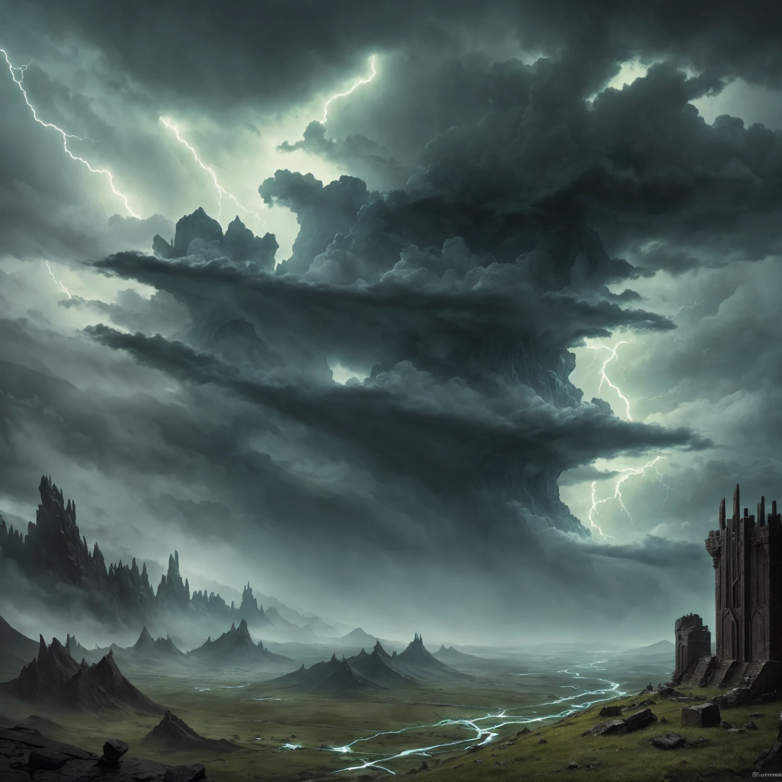 Epic fantasy illustration: Winds and storms, barren territory, supernatural, greenish sky