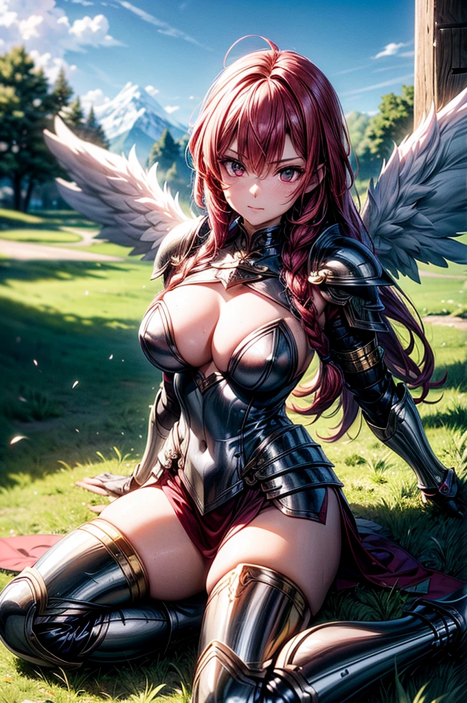 female valkyre prepared for battle, nordic look, an extremally beautiful warrior valkyre, ultra feminine, long hair, red hair, braided hair, shiny golden knight armor, bright full plate armor, long boots, cleavage, medium breasts, (angel wings: 1.2) spread, kneeling (one leg on grass) (superhero landing pose), brave and bold facial expression, zoom out, 16k, RAW, ultra wide shot, photorealism, depth of field, hyper realistic. ray tracing