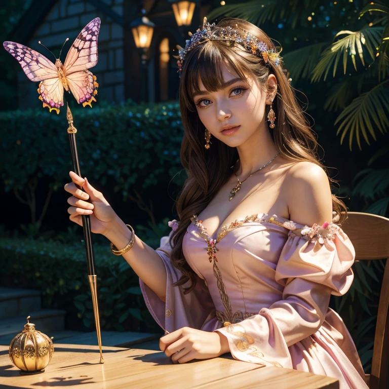(masterpiece, best quality:1.5), highest quality, High resolution, super detailed, Realists, Upper body photo of a brunette young magical girl, detailed and beautiful eyes, beautiful detailed lips, very detailed eyes and face, longeyelashes, shiny satin dress, Holding a magic wand in your hand, Cast a transformation spell, With her stick she turns spiders into butterflies, Glowing wands available,Beautiful and colorful makeup, elegant and noble々The jewelry bag, Gardens as background, soft daylight, bright colors, fine brushstrokes, Portrait style, Silk dress fabric, beautiful color palette, glowing skin, First-class rendering, that captures every detail, enchanting atmosphere, subtle shadows and lights, (perfect anatomy:1.2), (The stunning Magical Girl turns spiders into butterflies. Spiders and butterflies on the table(a transformation with the magic wand:1.4), (magnificent panorama view:1.2)