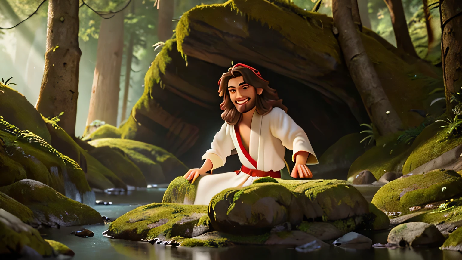 Jesus in white robe and red belt, smiling joyfully near a rocky cave wall in forest, with detailed eyes, extremely detailed face, intricate robes, warm lighting, vibrant colors, photorealistic, 8k, masterpiece, cinematic composition, spectacular lighting. volumetric lighting, chiaroscuro, divine, spiritual, serene, hopeful, bright aura, 4k, ultra detail