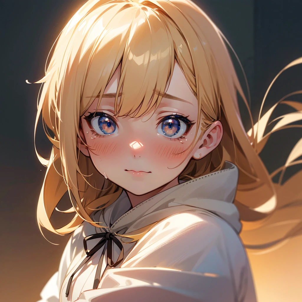 1girl, blonde hair, ribbon, looking up, blushing, tearful expression, anime style, hoodie, young girl, shy, cute, detailed portrait, (best quality,4k,8k,highres,masterpiece:1.2),ultra-detailed,(realistic,photorealistic,photo-realistic:1.37),intricate details, delicate features, soft lighting, warm color palette, emotional, dreamy, whimsical