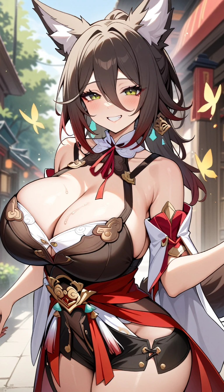 masterpiece, best quality, very aesthetic, absurdres, newest,1girl, huge tit,grin,pov_hand, ,1girl, tingyun \(honkai: star rail\), honkai \(series\), animal ears, fox ears, green eyes, breasts, brown hair, fox girl, tail, hair between eyes, fox tail, long hair,in street,luminous butterflies, fluttering butterflies,