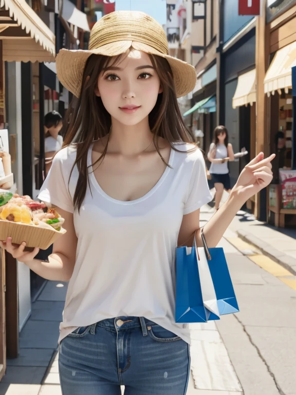 Shopping street in the daytime、Hot sunshine、White T-shirt and jeans(Get hungry)、Holiday Dating、