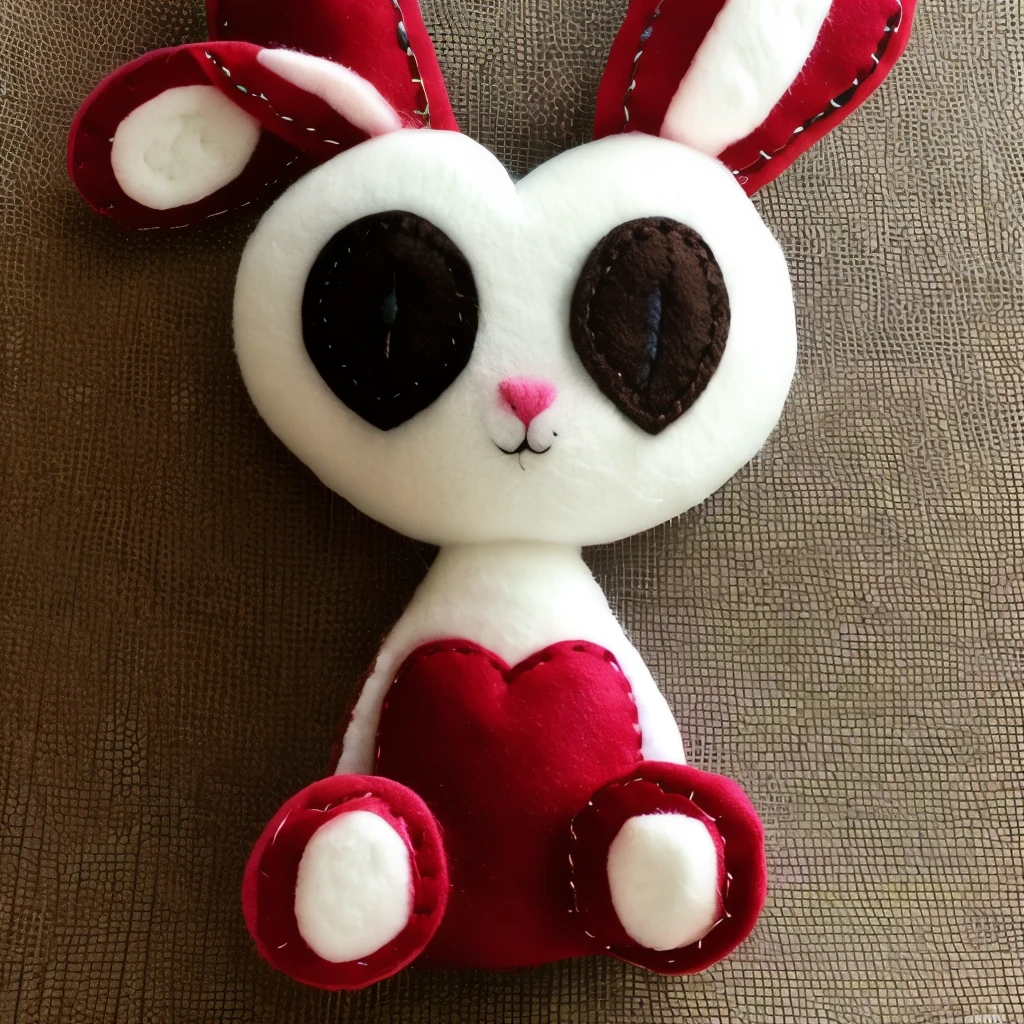 a close up of a stuffed animal with a heart on it, a photo by Anita Kunz, flickr, lowbrow, very detailed felt plushie, felt, bunnypunk, made of felt and cloth and beads, evil. vibrant colors. cute, creepy!!, etsy, springtrap, plush, cute anthropomorphic bunny, plushie