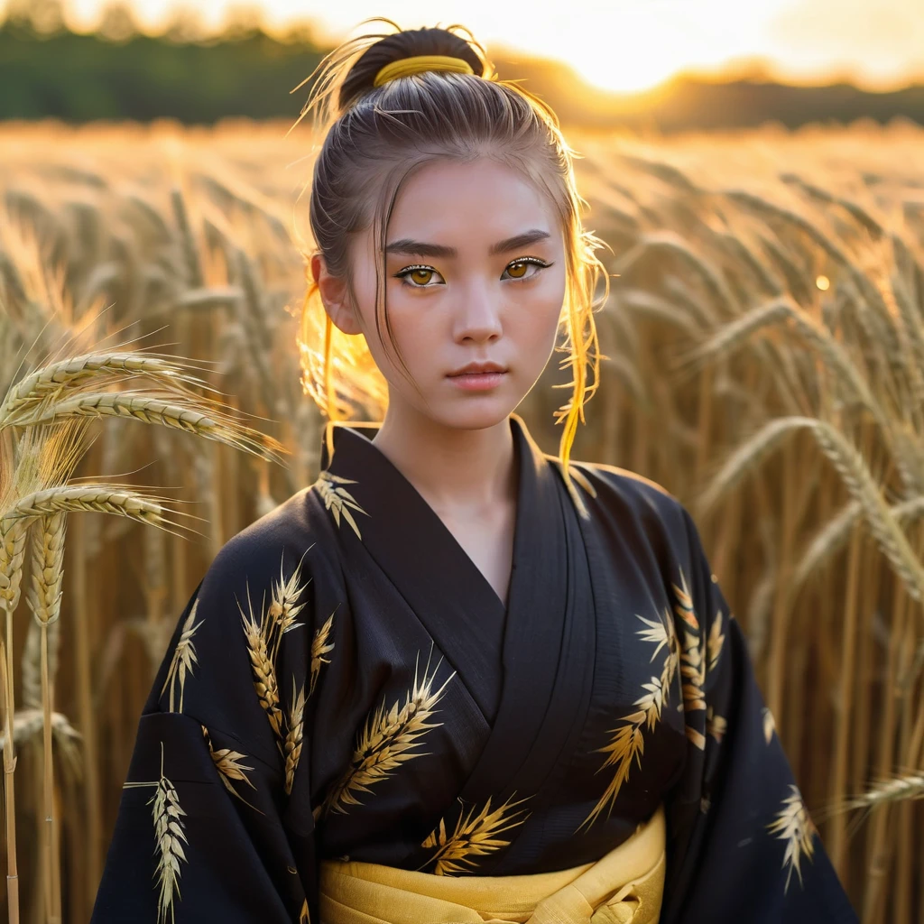 A girl in a kimono with a blank look stands waist-deep in a field of wheat, a black kimono with gold edges, her hair is tied in a ponytail, yellow eyes, the sunset is reflected in her eyes, the light falls on her face, half-sideways to the camera