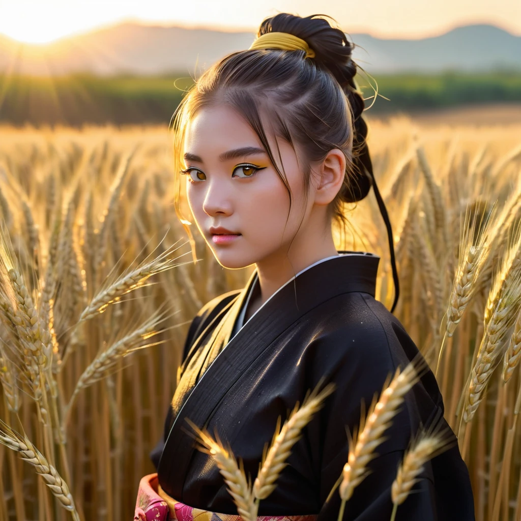 A girl in a kimono with a blank look stands waist-deep in a field of wheat, a black kimono with gold edges, her hair is tied in a ponytail, yellow eyes, the sunset is reflected in her eyes, the light falls on her face, half-sideways to the camera