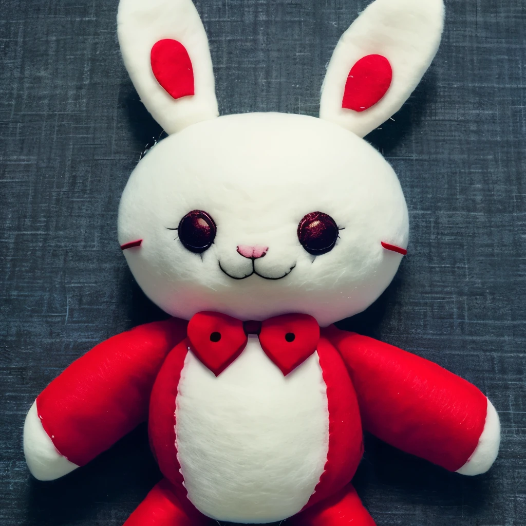 a close up of a stuffed animal with a heart on it, a photo by Anita Kunz, flickr, lowbrow, very detailed felt plushie, felt, bunnypunk, made of felt and cloth and beads, evil. vibrant colors. cute, creepy!!, etsy, springtrap, plush, cute anthropomorphic bunny, plushie
