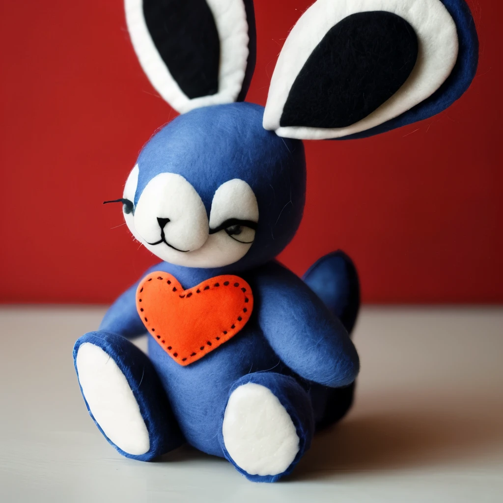 a close up of a stuffed animal with a heart on it, a photo by Anita Kunz, flickr, lowbrow, very detailed felt plushie, felt, bunnypunk, made of felt and cloth and beads, evil. vibrant colors. cute, creepy!!, etsy, springtrap, plush, cute anthropomorphic bunny, plushie