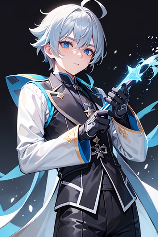 masterpiece, best quality,snow,chongyun (genshin impact), 1boy, mature male, solo, blue eyes, blue hair, gloves, ahoge, chinese clothes, short hair, (grey background:1.4),(kbxll:0.6)