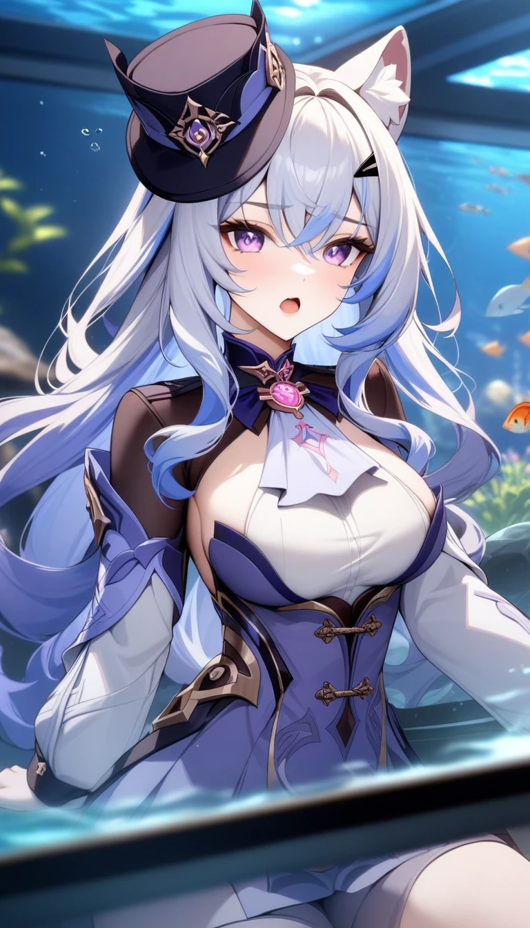 masterpiece, best quality, very aesthetic, absurdres, 1girl, mature_lady, ,1girl, melusine \(genshin impact\), genshin impact, long sleeves, short hair, hat, hair between eyes, animal ears, open mouth, long hair, multicolored hair, coat, purple eyes,in aquarium,blur background,background defocus,