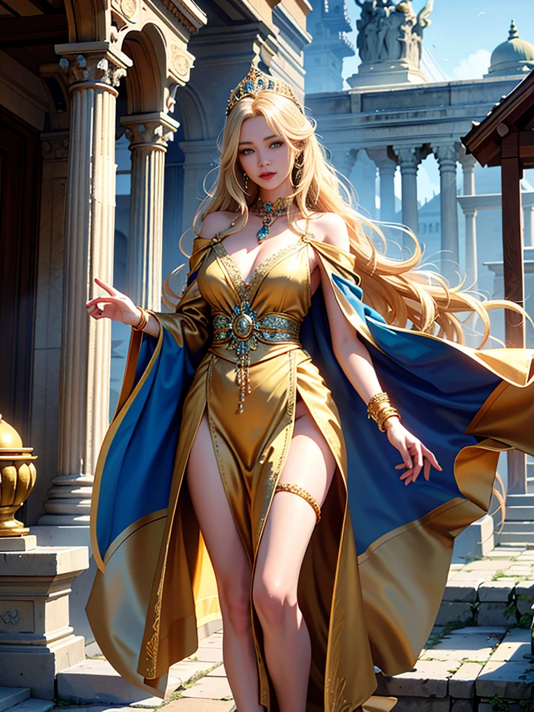 An incredibly beautiful young femme fatale-blonde with blue eyes, long luxurious golden hair gathered in a delightful hairstyle decorated with a tiara, jewels, she has long bangs, a beautiful antique golden robe, a lot of incredible jewelry, she is a deity standing in the middle of a dilapidated temple in a filled font. There is a fire burning around, a strong wind is blowing, and her body radiates a magical light. Realistic image. Masterpiece, perfect image, realistic photos, full-length image, 8K, detailed image, extremely detailed illustration, a real masterpiece of the highest quality, with careful drawing.