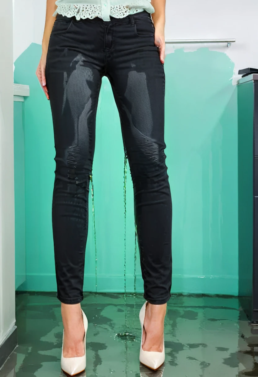 ((rear view)),attractive redhead woman wearing black skinny jeans, ((black skinny jeans)), short curly hair, white high heel pumps, mint green blouse, standing in an office, wetting, big smile, pee stains are gleaming wet, standing in puddle of pee, lower legs of jeans completely soaked, pee drips off jeans