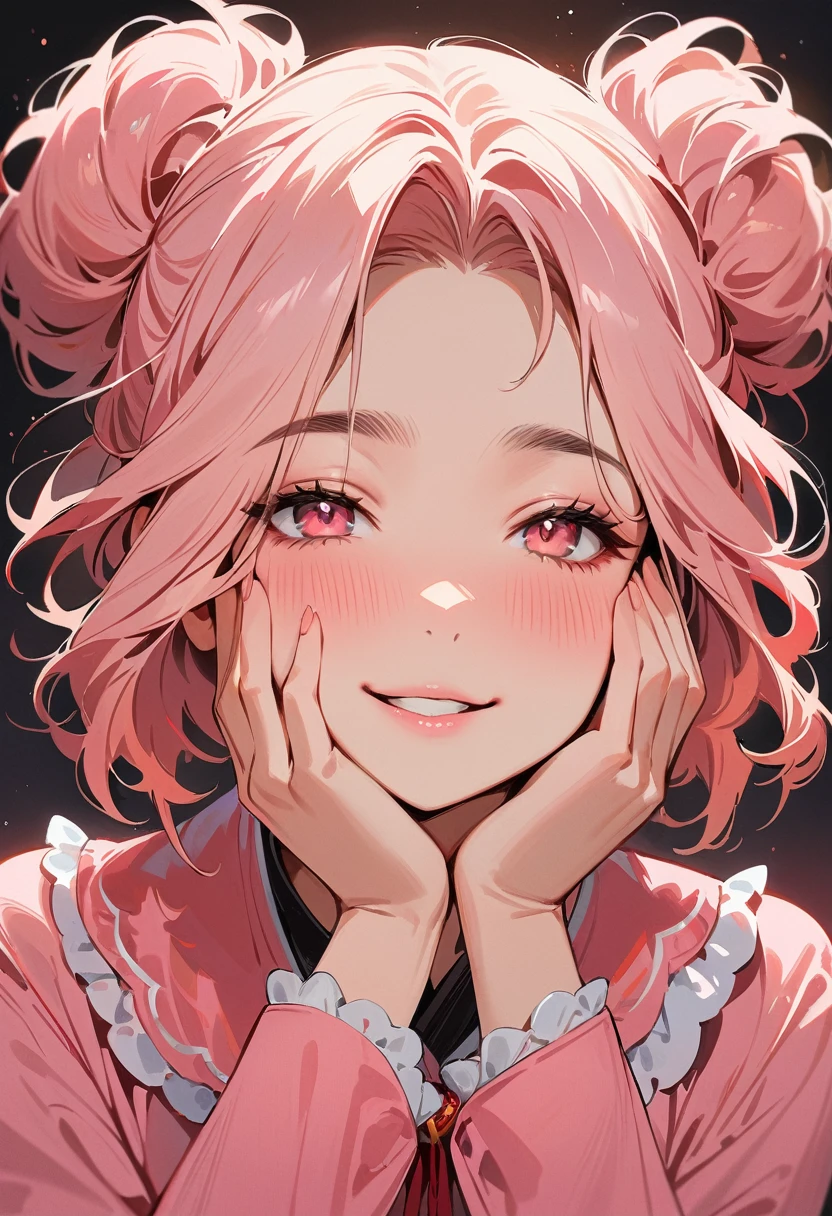 (masterpiece, best quality:1.4), 1 girl, 独奏, Pink love pupils, Blurred eyes, Smile, Look up and down, Pink lower lip, Holding face with hands, Pink short hair, Messy hairstyle,  Royal sister, Pink pajamas, Vision, black background.