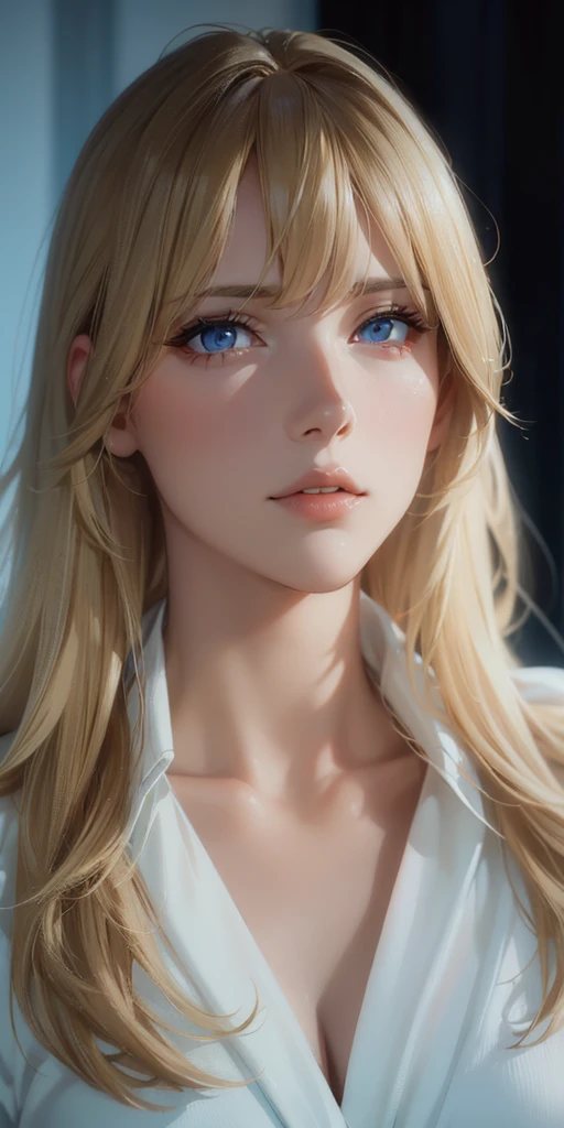 Elegant mature woman, blue eyes, blonde hair, bangs, soft light, 4k resolution, high quality, beautiful cg