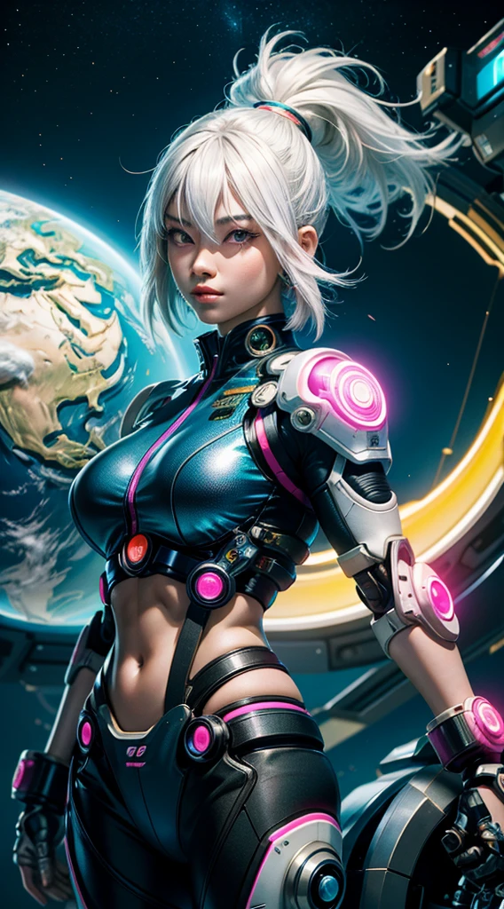 GIRL asian cyborg retrofuturist with a hyperrealistic planet with details and cyborg parts ,neon colors,Big  ,Muscle ,retro cyborg,futurist, white hair