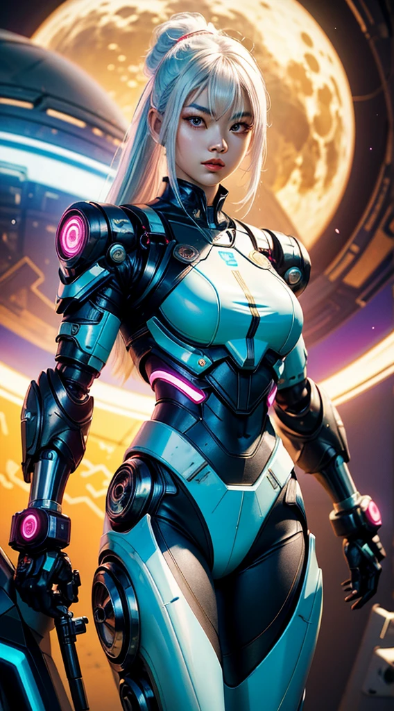GIRL asian cyborg retrofuturist with a hyperrealistic planet with details and cyborg parts ,neon colors,Big ,Muscle ,retro cyborg,futurist, white hair