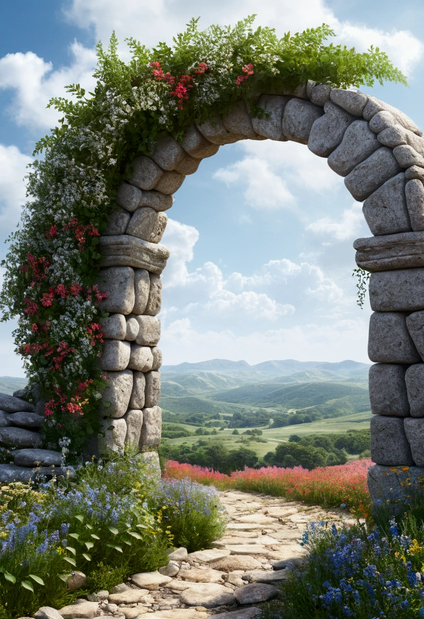 "subject description {A low and very wide door arch made of stones. , intertwined with plants, standing in a landscape of beautiful wildflowers, with a bright white background emanating from inside the arch}, Image type {photorealistic image}, art styles {Surrealism}, camera {35mm}, shooting {medium shot}, Rendering Related Information {4k, hyper detailed, ambient light}"
