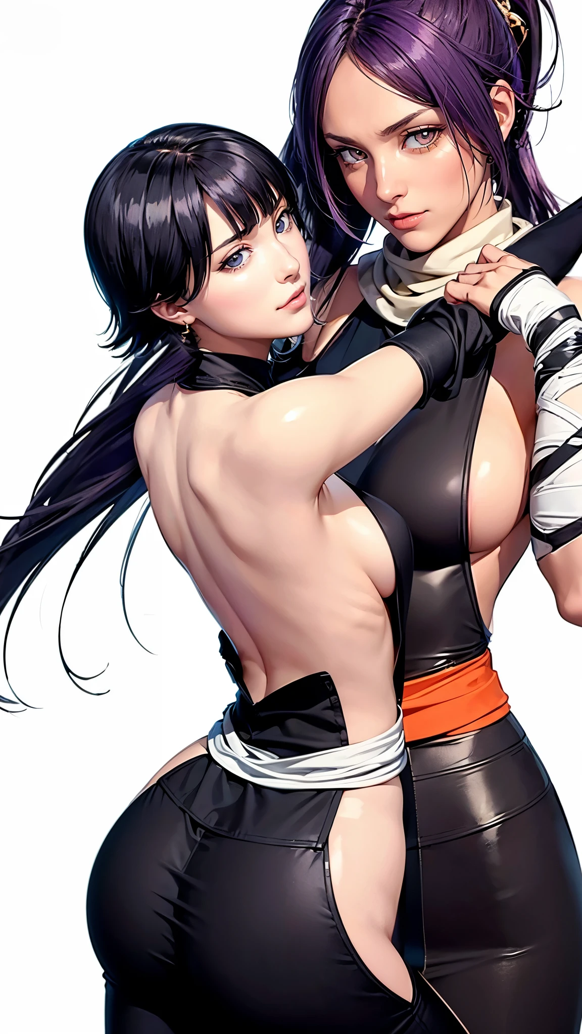 (((Perfect body,White and tender skin,(((japanese clothes, sideboob,Black top, Gold belt, black sleeves, black Japanese pants ))),(((sui-feng, short hair, short hair with long locks,Black hair))),((masterpiece)),high resolution, ((Best quality at best)),masterpiece,quality,Best quality,((( Exquisite facial features,Looking at the audience,There is light in the eyes,Smile))),From the back))),(((Light and shadow,Small chest,))),(((Looking at the camera,black background,)))),