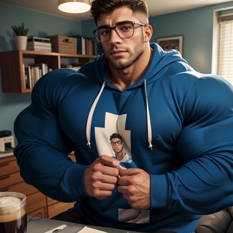 a very handsome, extremely beautiful, young man wearing glasses, massively muscular, with massively large muscles, with massively large biceps, with massively large arms, wearing a simple blue sweatshirt with long sleeves, in a cramped apartment